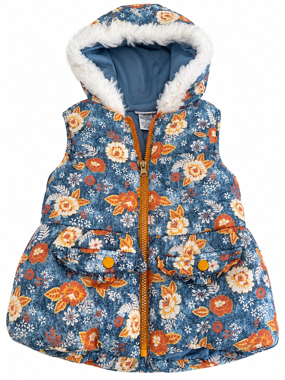 Little Lass Girls 5T Puffer Vest Floral With Faux Firm Trim
